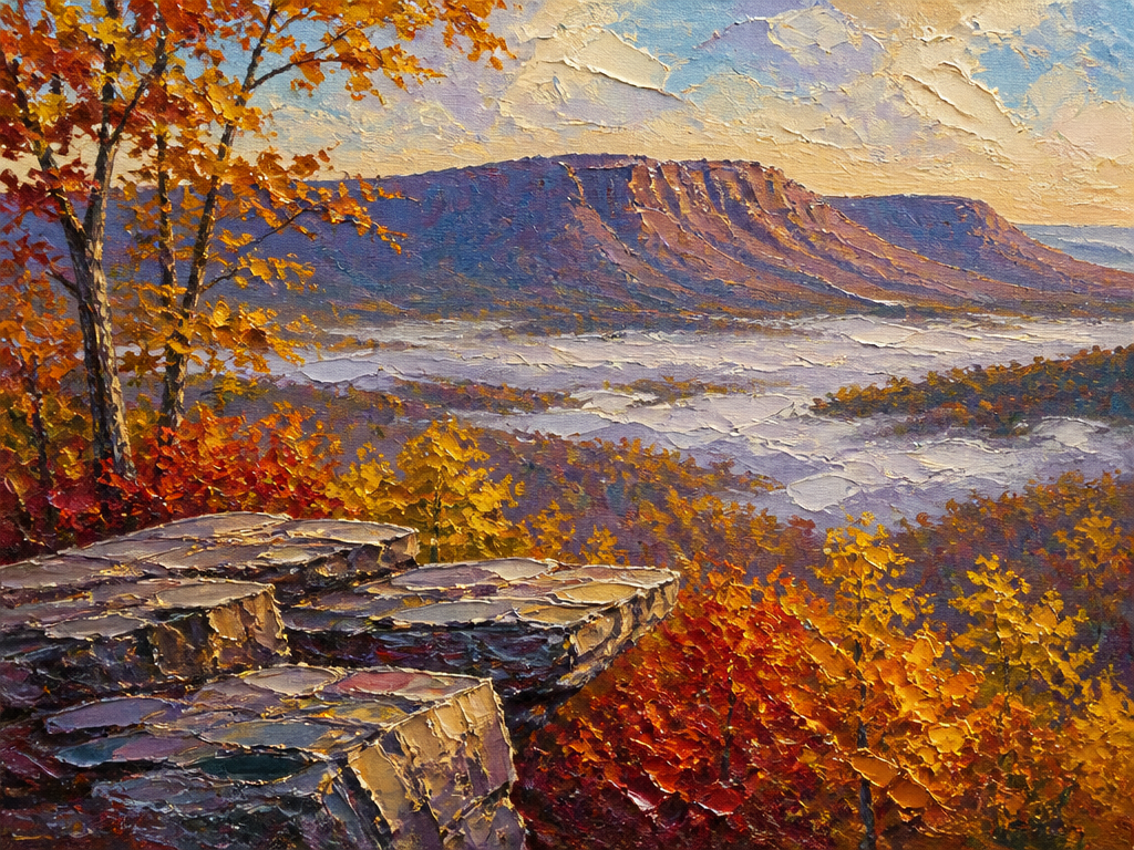 Oil painting of Mount Nittany ridge in autumn gold