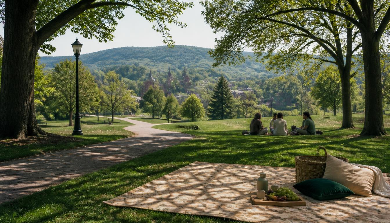 A sunny park in State College with people relaxing on the grass