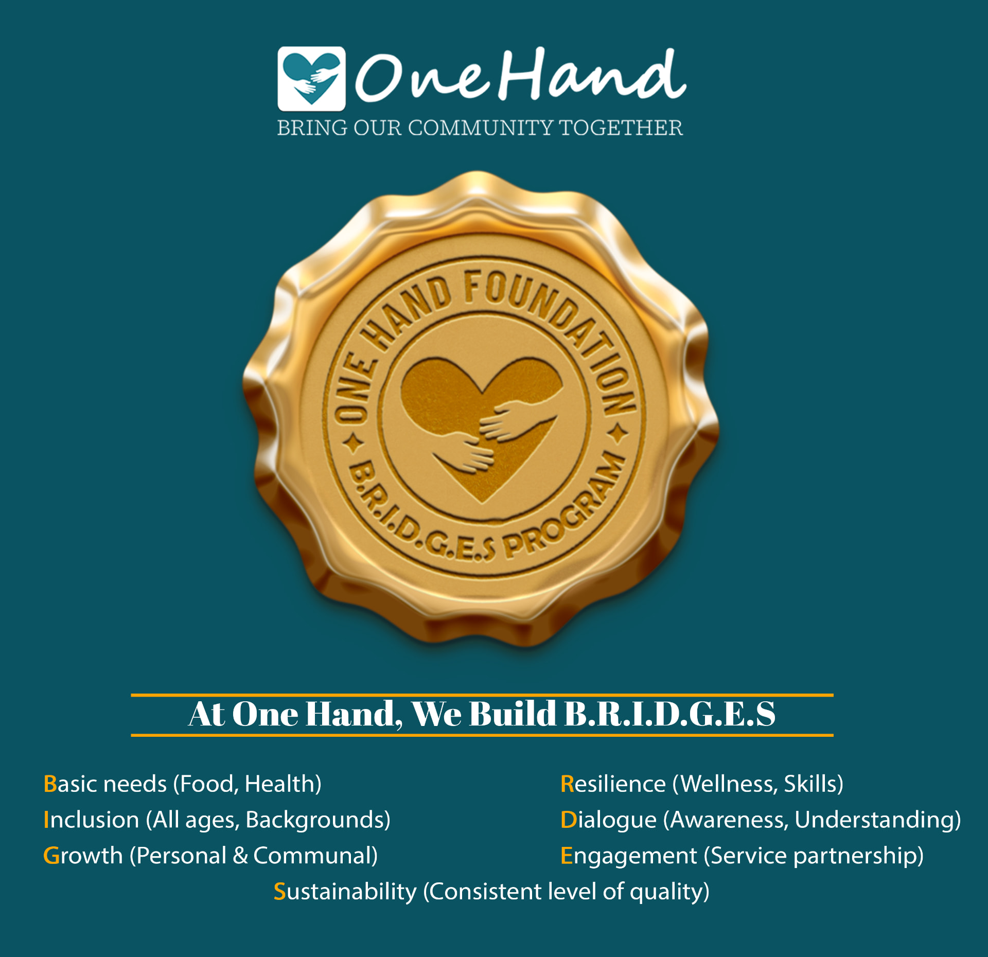 One Hand Foundation B.R.I.D.G.E.S program seal and values