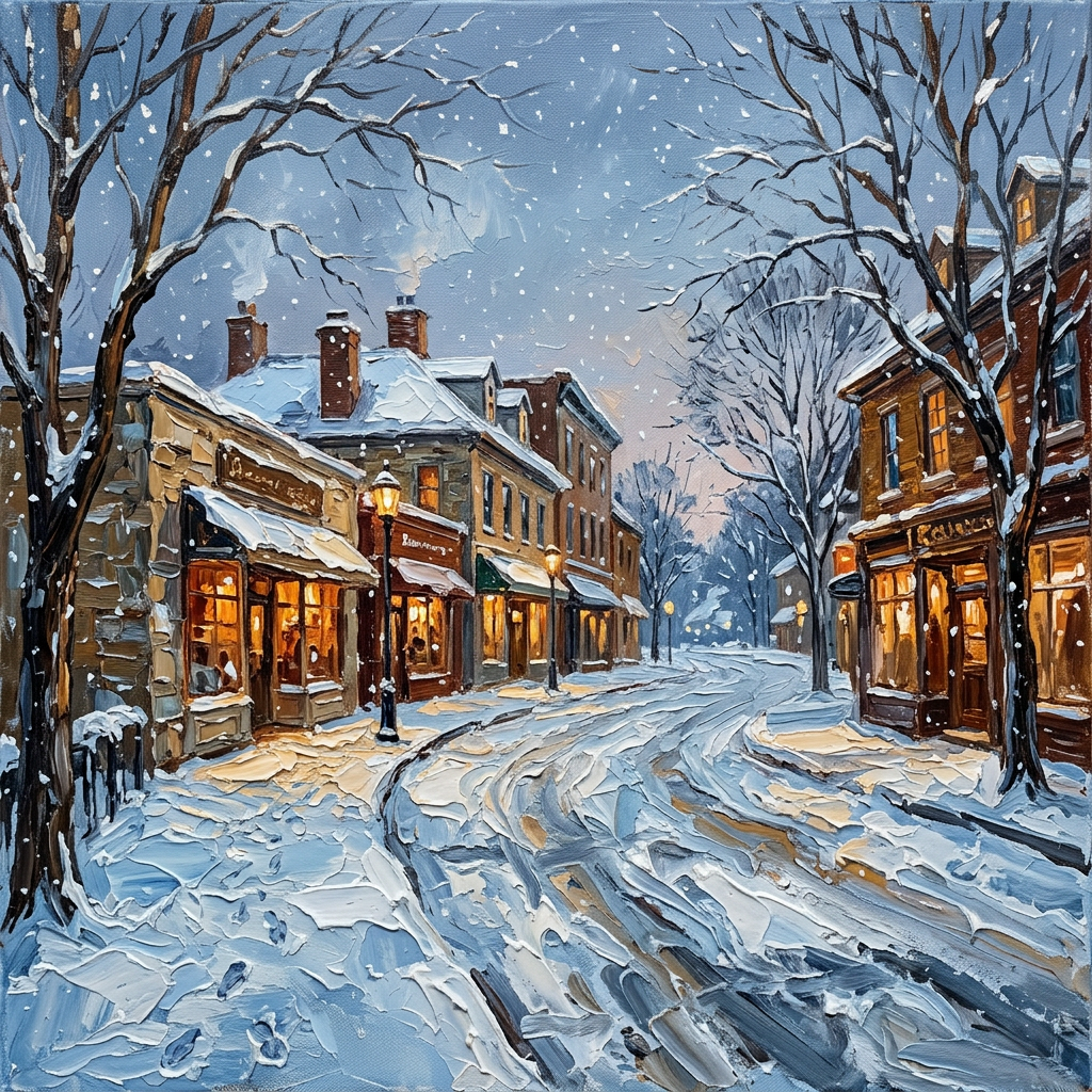 Oil painting of Beaver Avenue in first snow, warm streetlights glowing