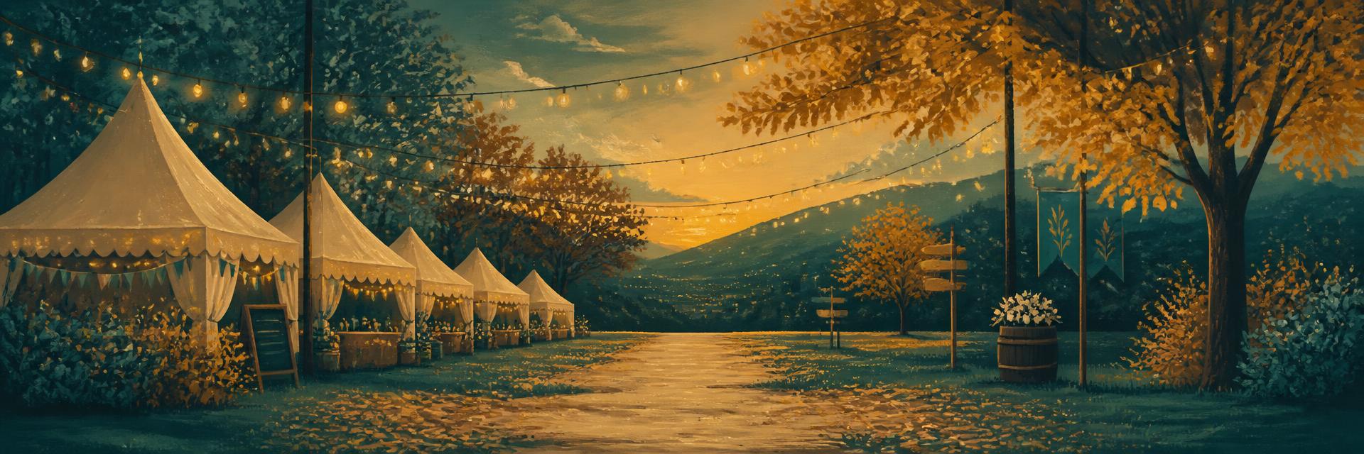Illustration of string lights over a park path with festival tents and distant hills