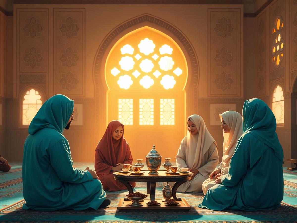 Muslim community gathering in a mosque with tea and dates