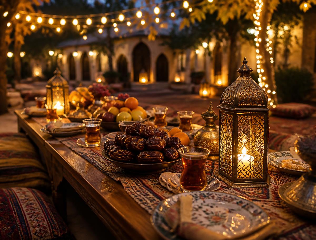 Community iftar table with dates, tea, and lanterns