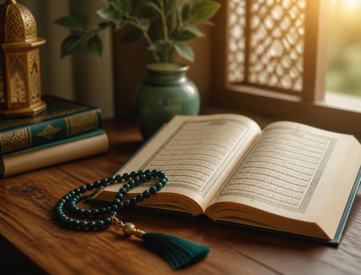 Open Quran and prayer beads on a table by a window