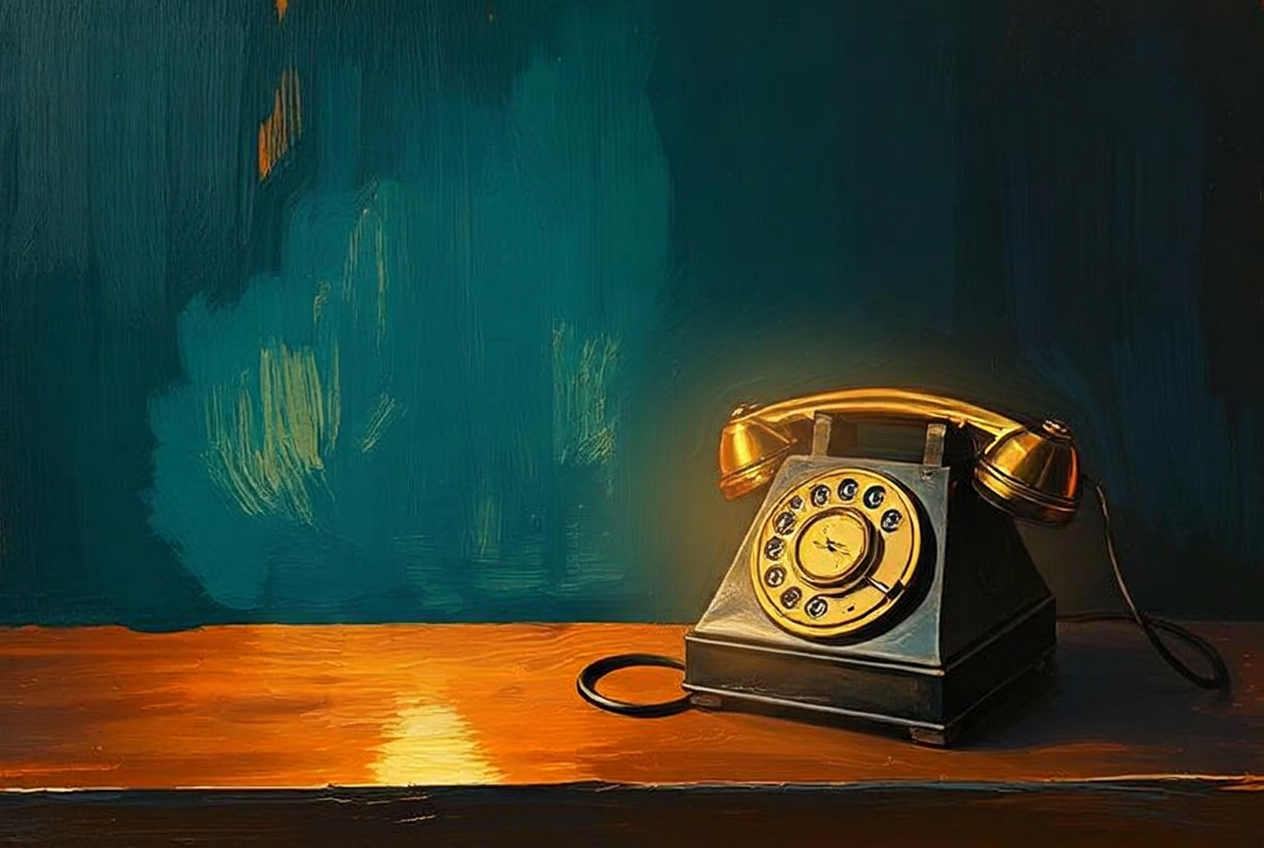 Oil painting of a vintage telephone against a teal background