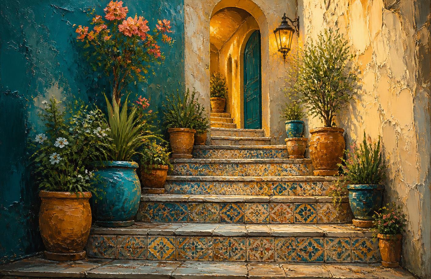 Illustration of tiled steps leading up to a bright arched doorway