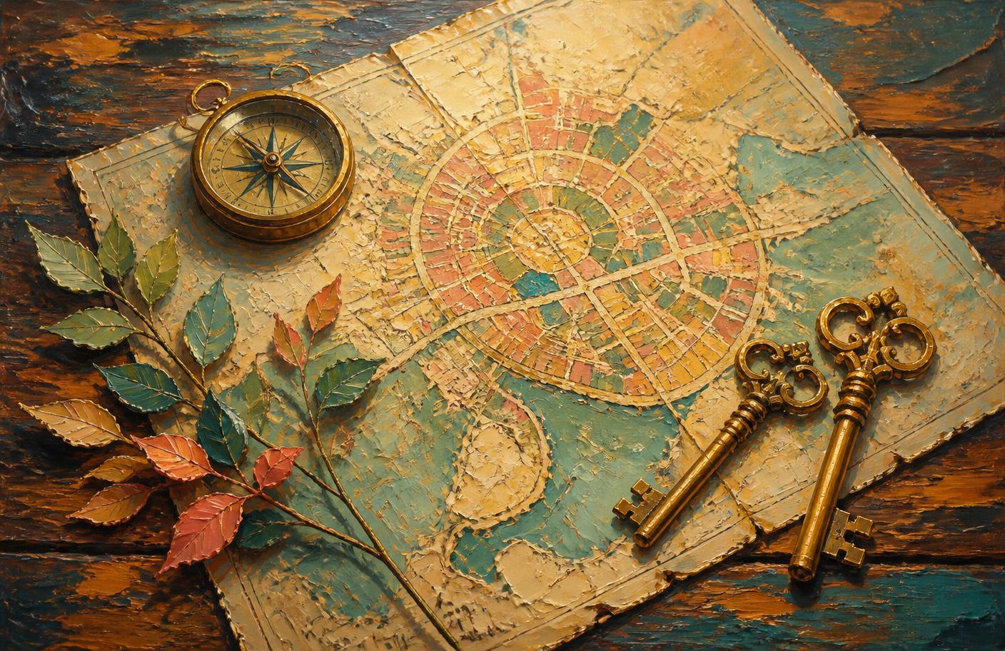 Oil painting of a town map with golden house keys and a compass