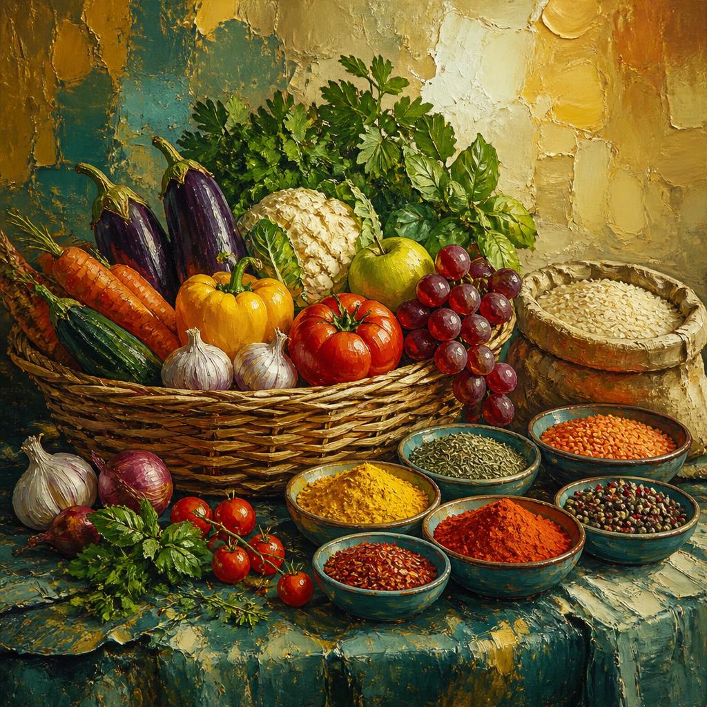 Oil painting of a basket of vegetables with bowls of spices