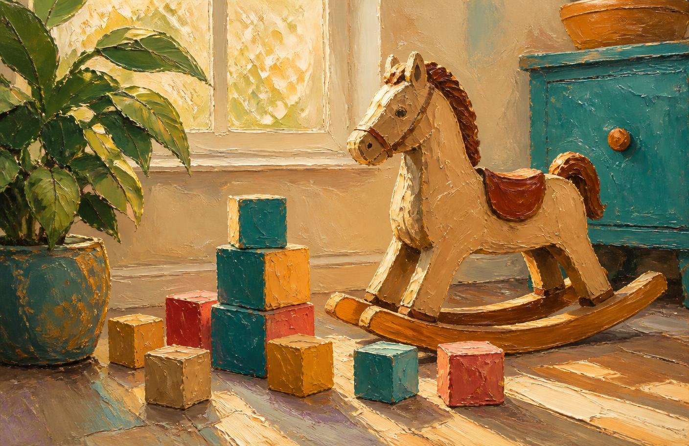 Illustration of stacked toy blocks and a plant in sunlight