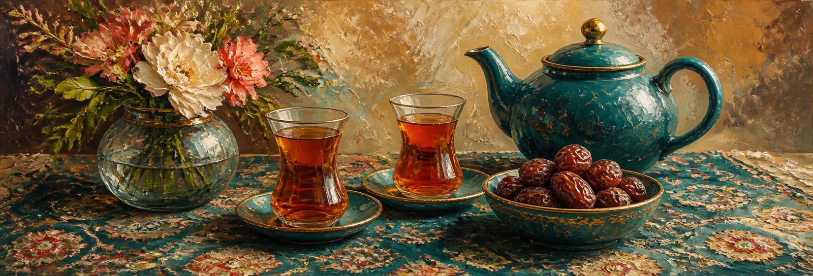 Illustration of two cups of tea, a teapot and dates on a patterned table