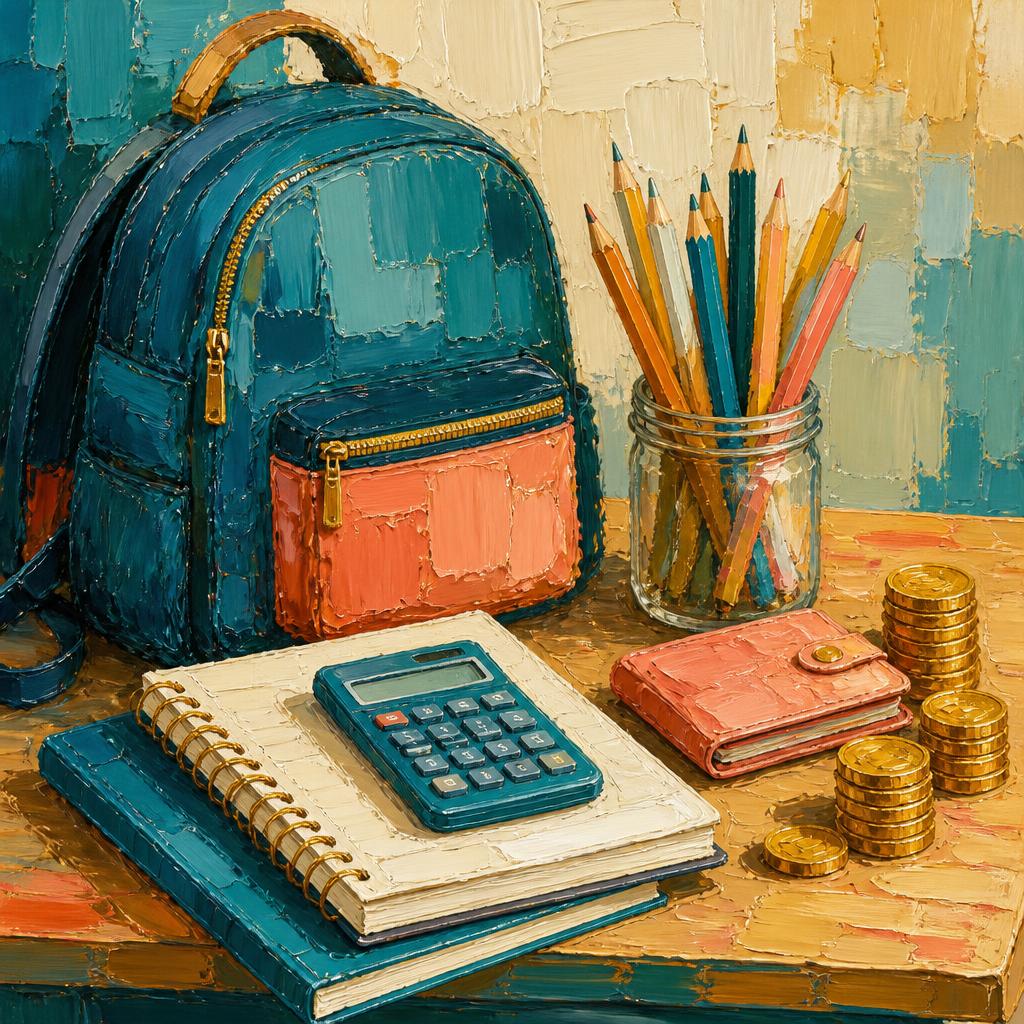 Oil painting of a backpack, books and stacked coins on a desk