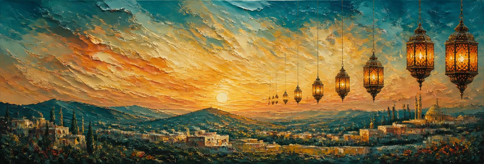 Oil painting of a golden sunrise over hills with hanging lanterns