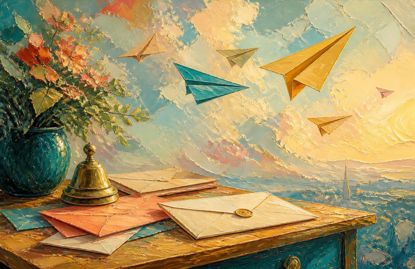Oil painting of paper planes flying above a desk with letters