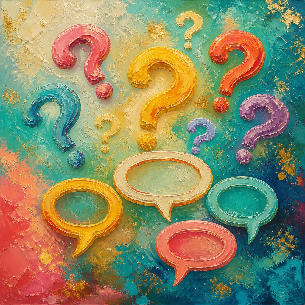 Oil painting of colourful question marks and speech bubbles on a teal and gold background