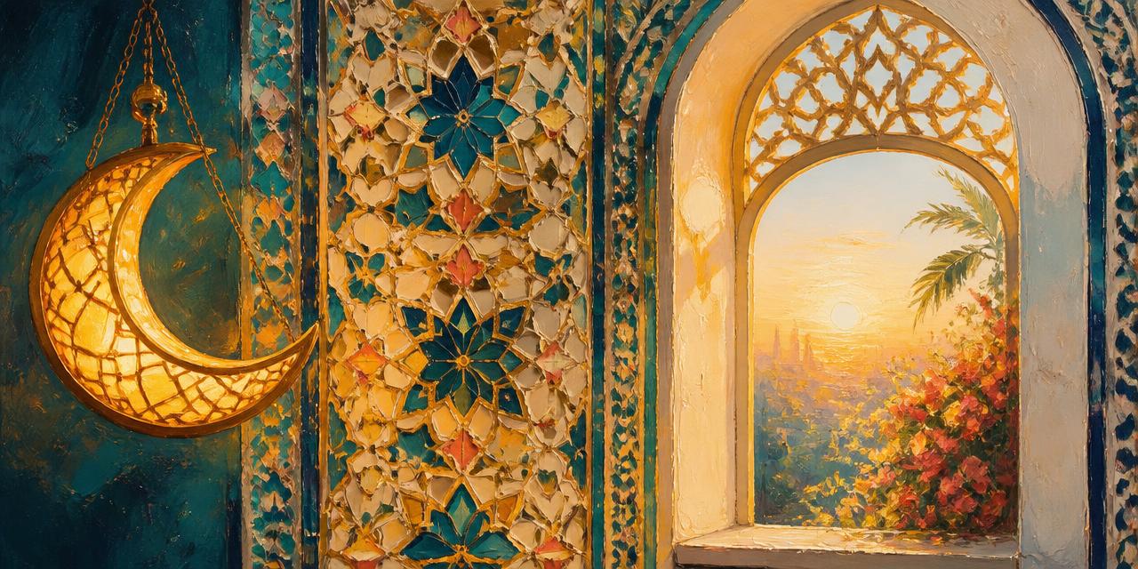 Oil painting of a tiled mosque niche lit by a hanging brass crescent lamp