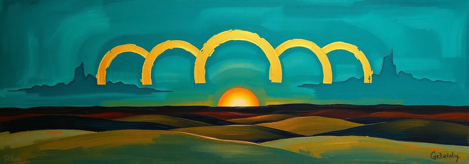 Oil painting of five golden arcs over a horizon shifting from sunrise to night