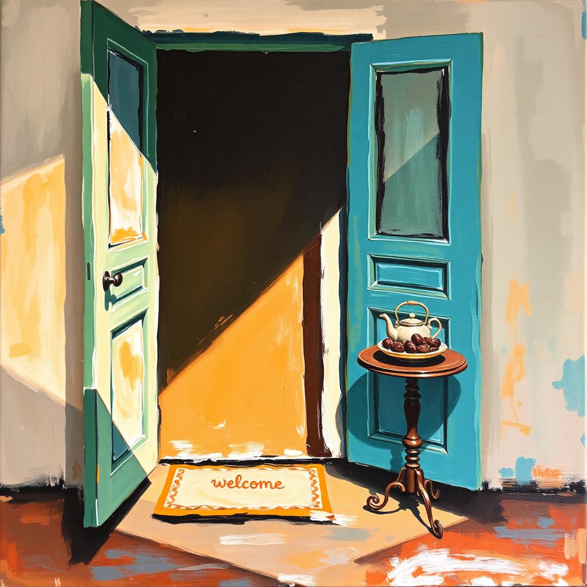 Oil painting of an open front door with a welcome mat, dates and a teapot
