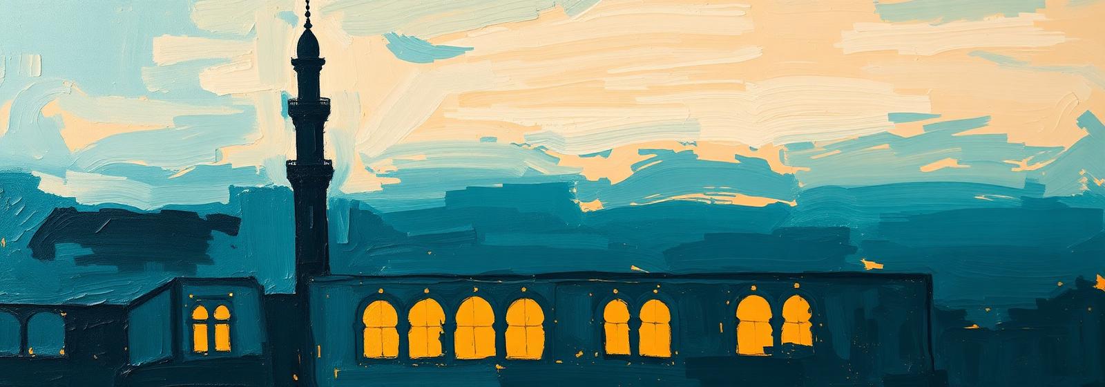Oil painting of a minaret and glowing arched windows at dusk