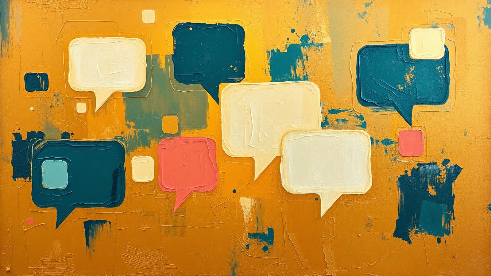 Oil painting of overlapping speech bubbles in teal, gold and cream