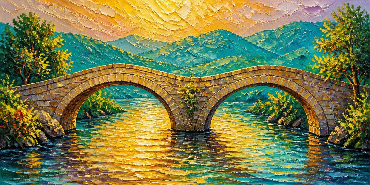 Oil painting of two stone arches joined into one connected bridge over a river at sunset