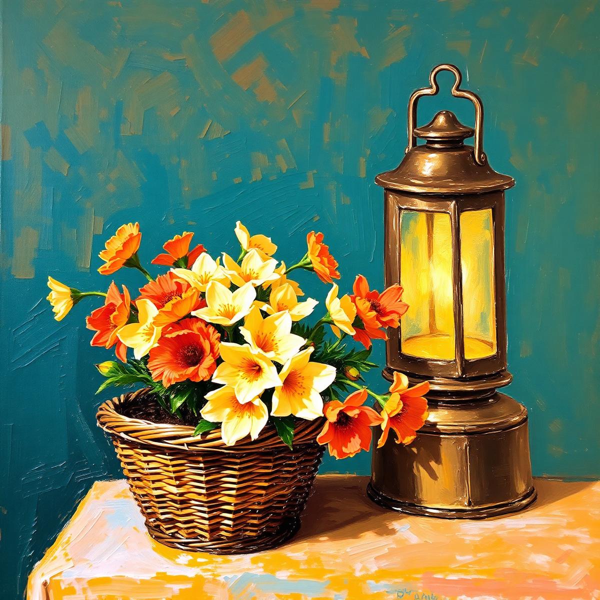 Oil painting of a basket of bright flowers beside a glowing lantern