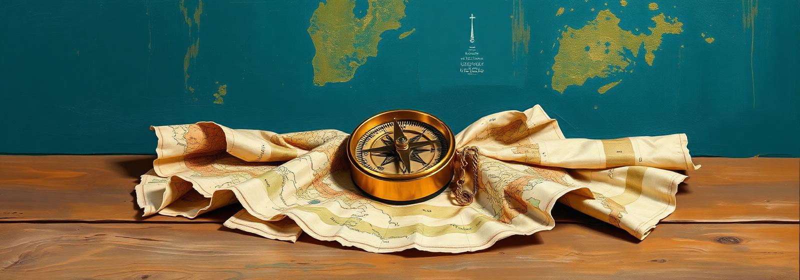 Oil painting of a brass compass resting on folded maps