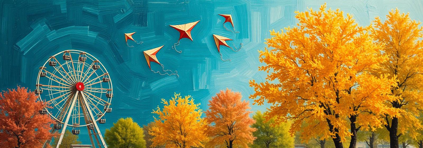 Oil painting of a ferris wheel and kites above autumn trees