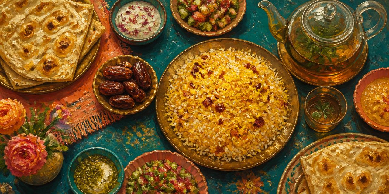 Oil painting of a shared table with flatbread, saffron rice, salads and mint tea