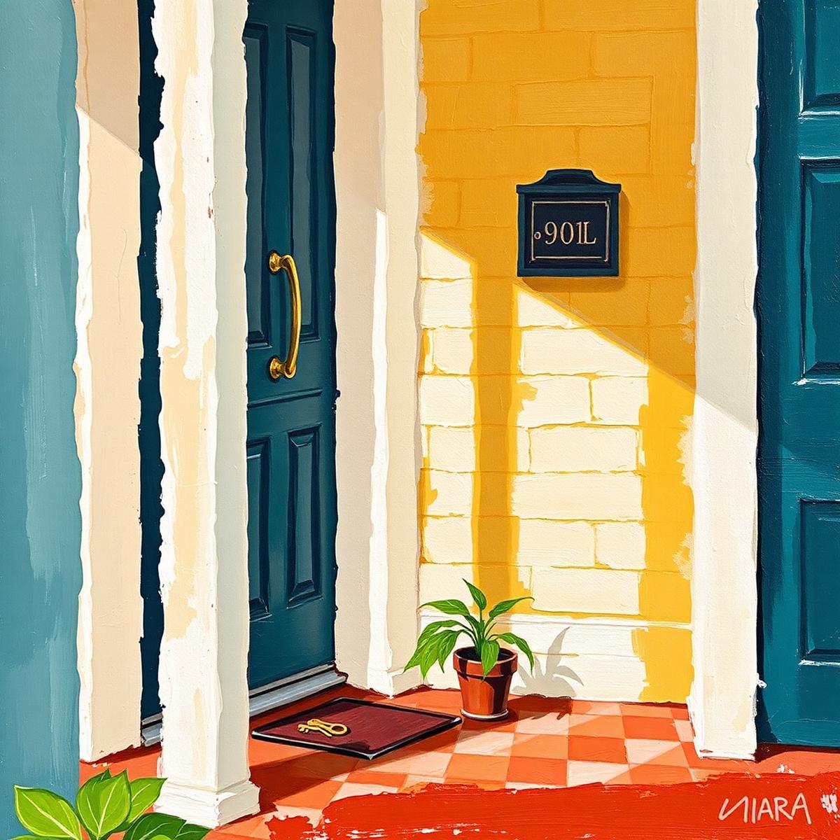 Oil painting of a sunlit porch with a mailbox, keys on the step and a potted plant