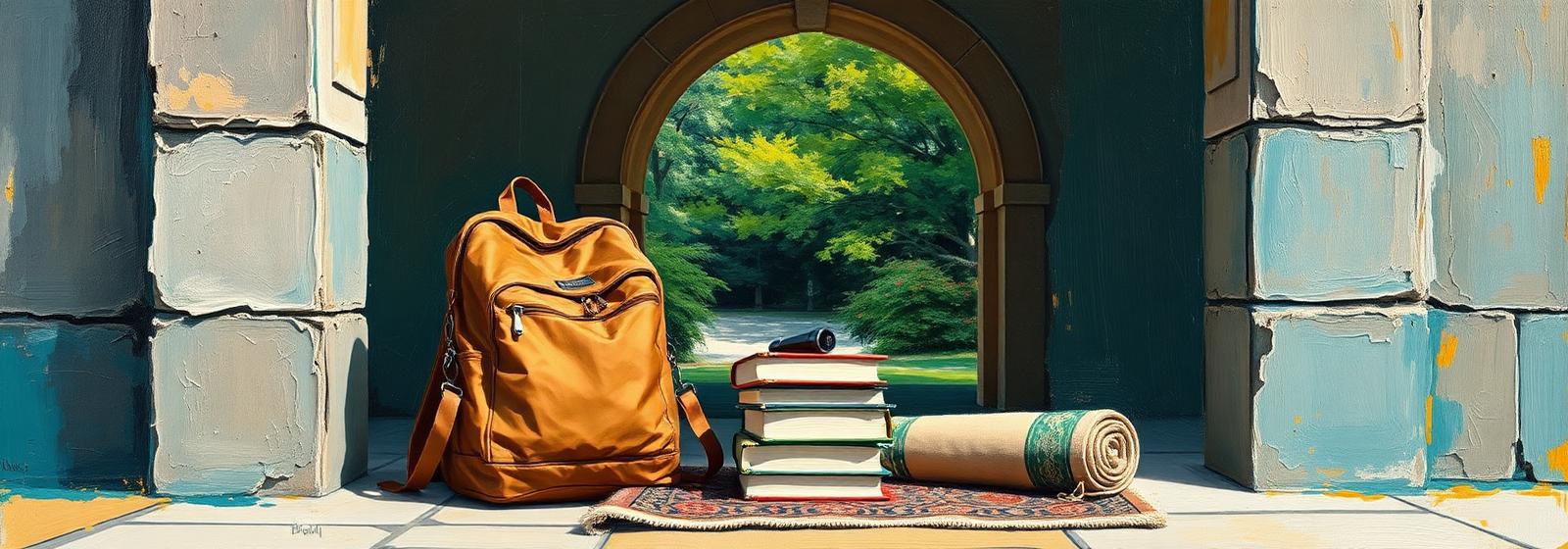 Oil painting of a backpack and books beside a rolled prayer rug under a campus archway