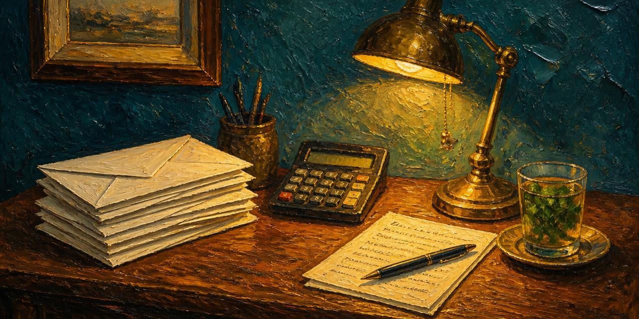 Oil painting of a wooden desk with envelopes, a calculator, a brass lamp, and a glass of mint tea