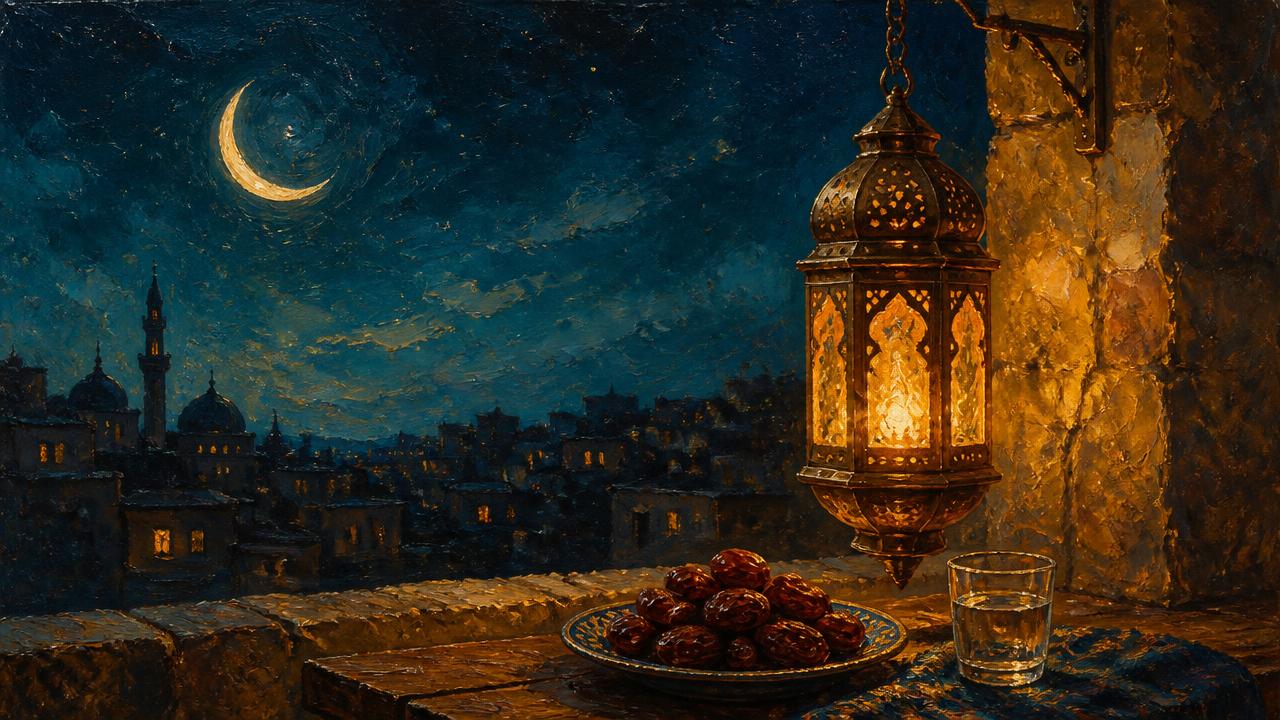 Oil painting of a glowing lantern, dates and water at dusk beneath a crescent moon