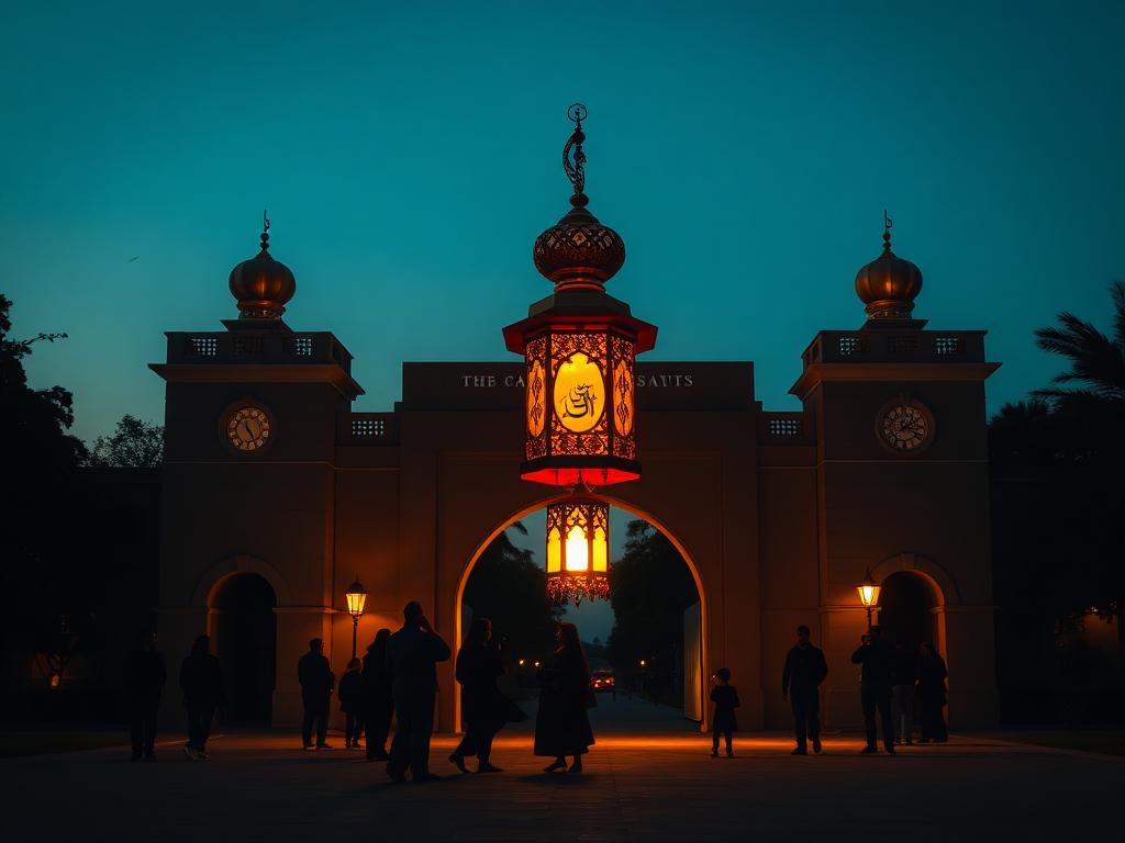 Ramadan lantern glowing at dusk with community silhouettes