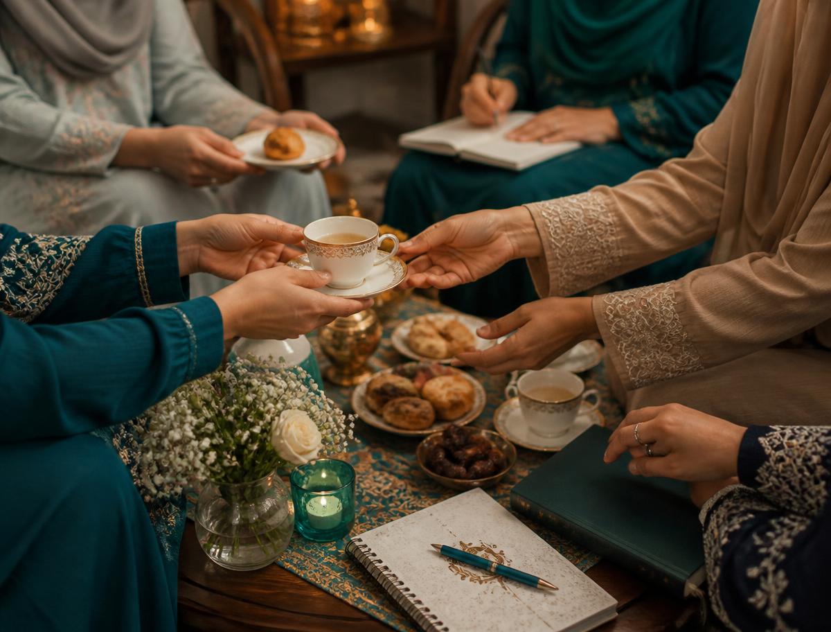 Sisters gathered around tea, pastries, and notebooks at a One Hand Women's Society meetup